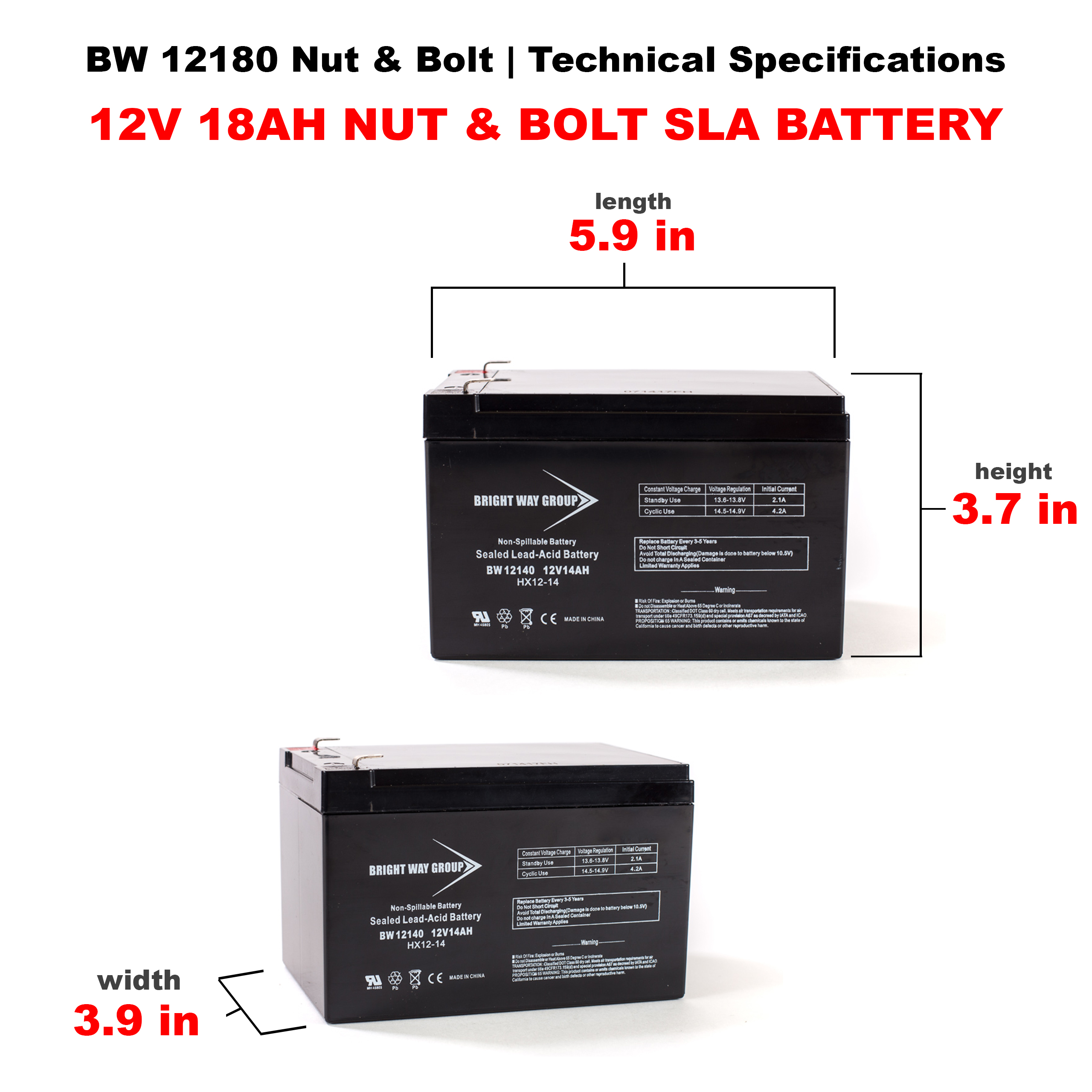 Bright Way BW 12140 F2 SLA (AGM) Battery - Image 3