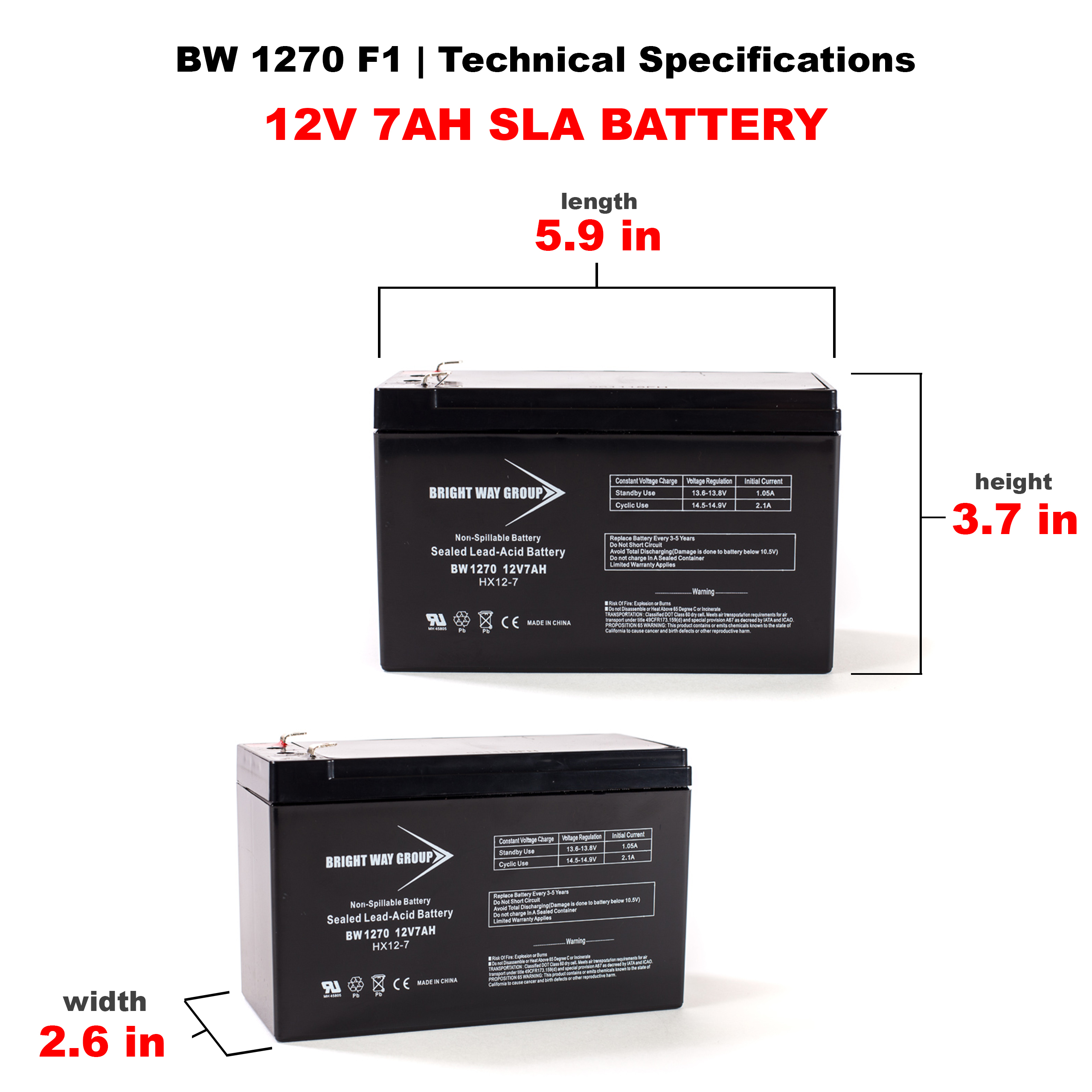 Bright Way BW 1270 F1 SLA (AGM) Battery - Image 3