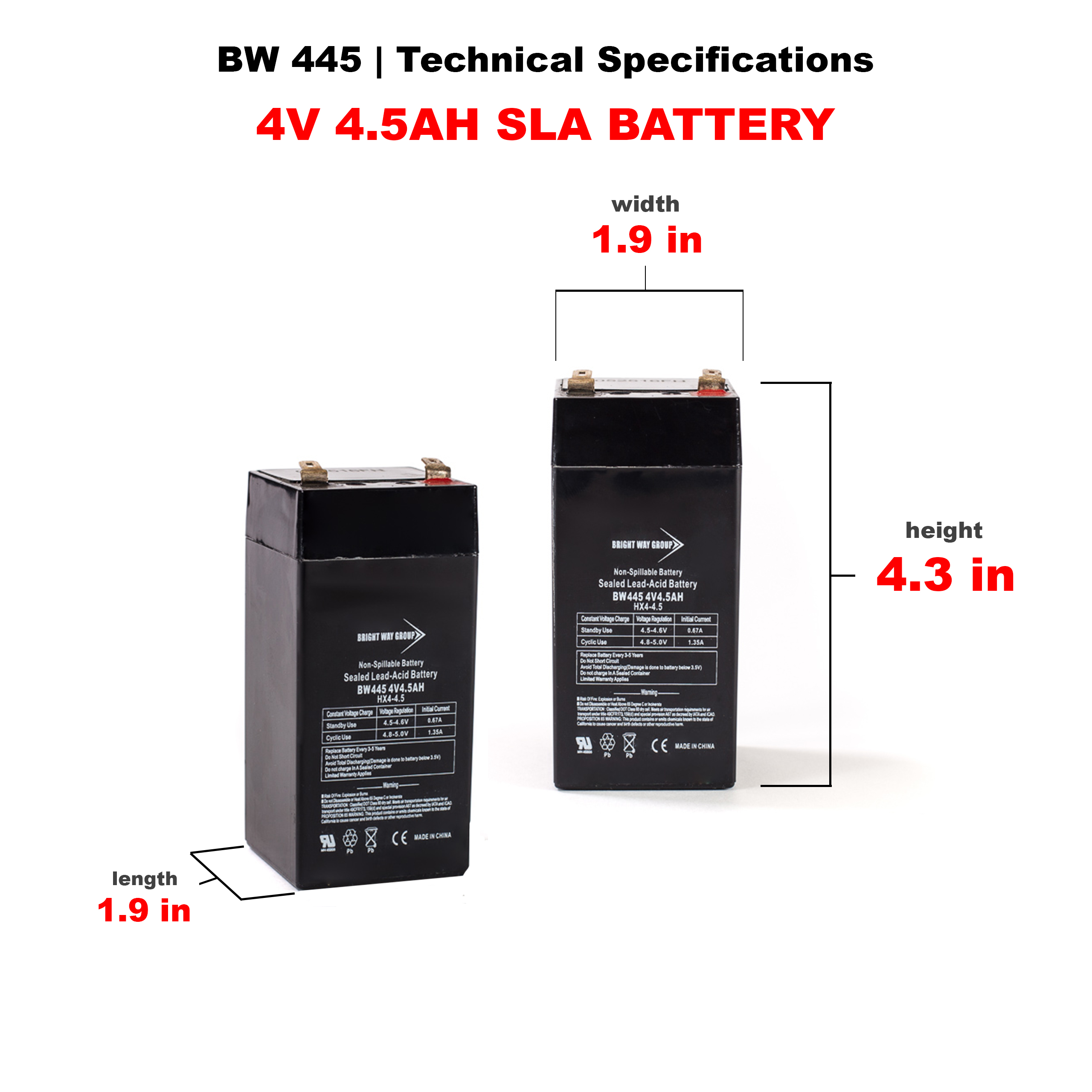 Bright Way BW 445 SLA (AGM) Battery - Image 3