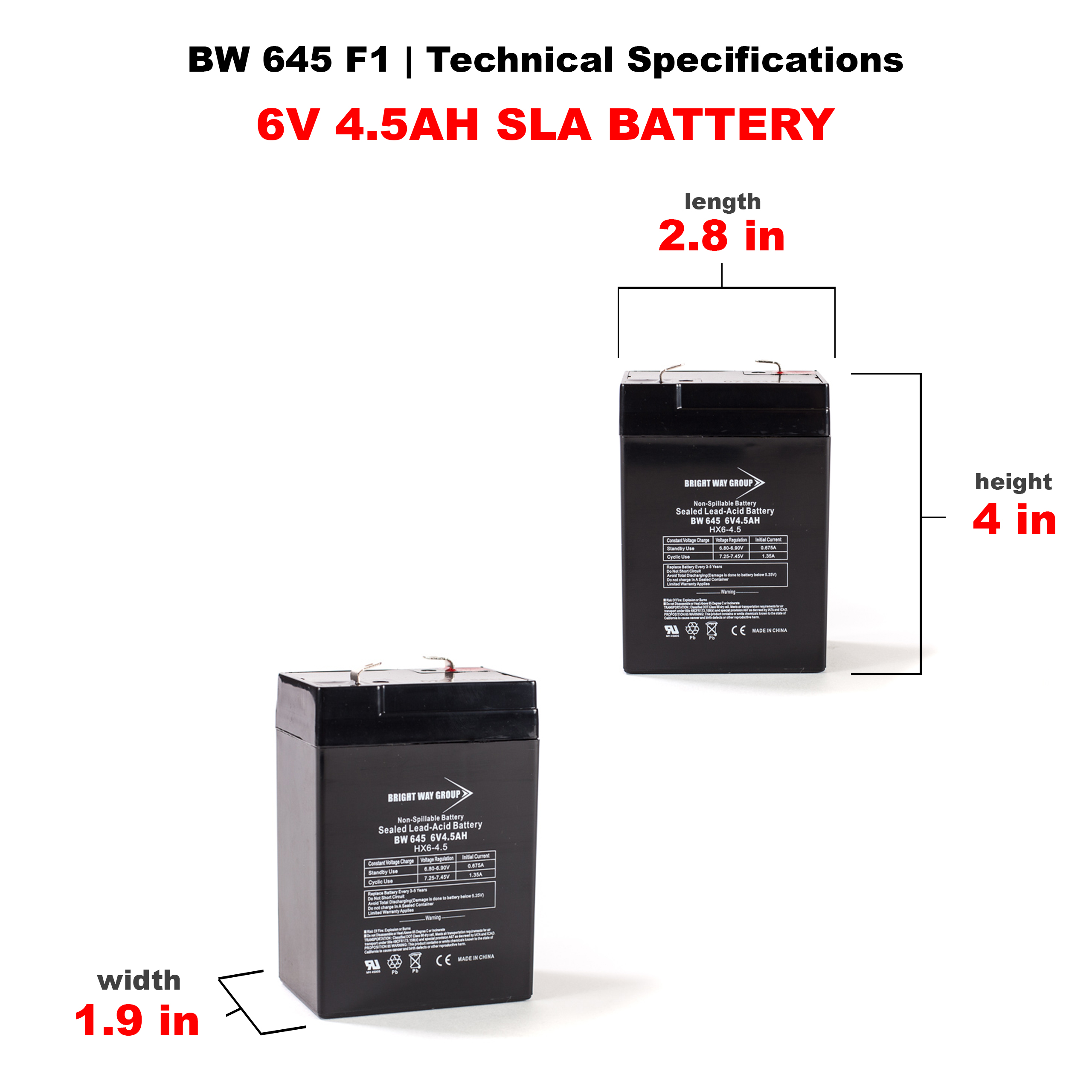 Bright Way BW 645 SLA (AGM) Battery - Image 3